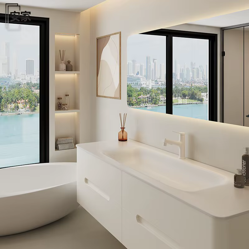 Ensemble de meuble-lavabo de salle de bain personnalisé avec double vasque intégrée en Corian Dupont