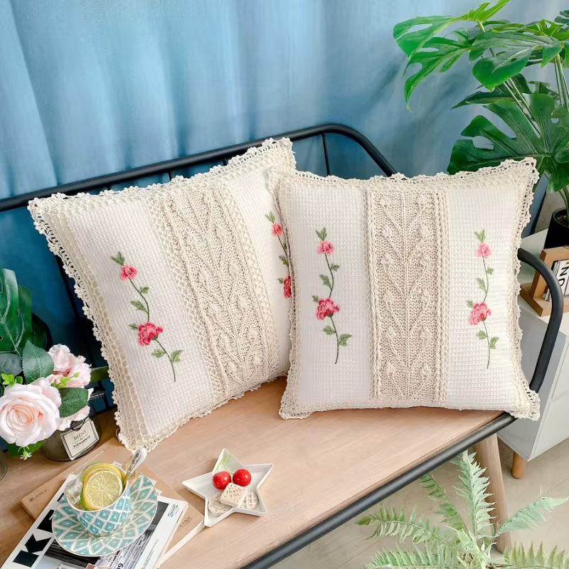 Housse de coussin en coton et lin crocheté de 45 cm