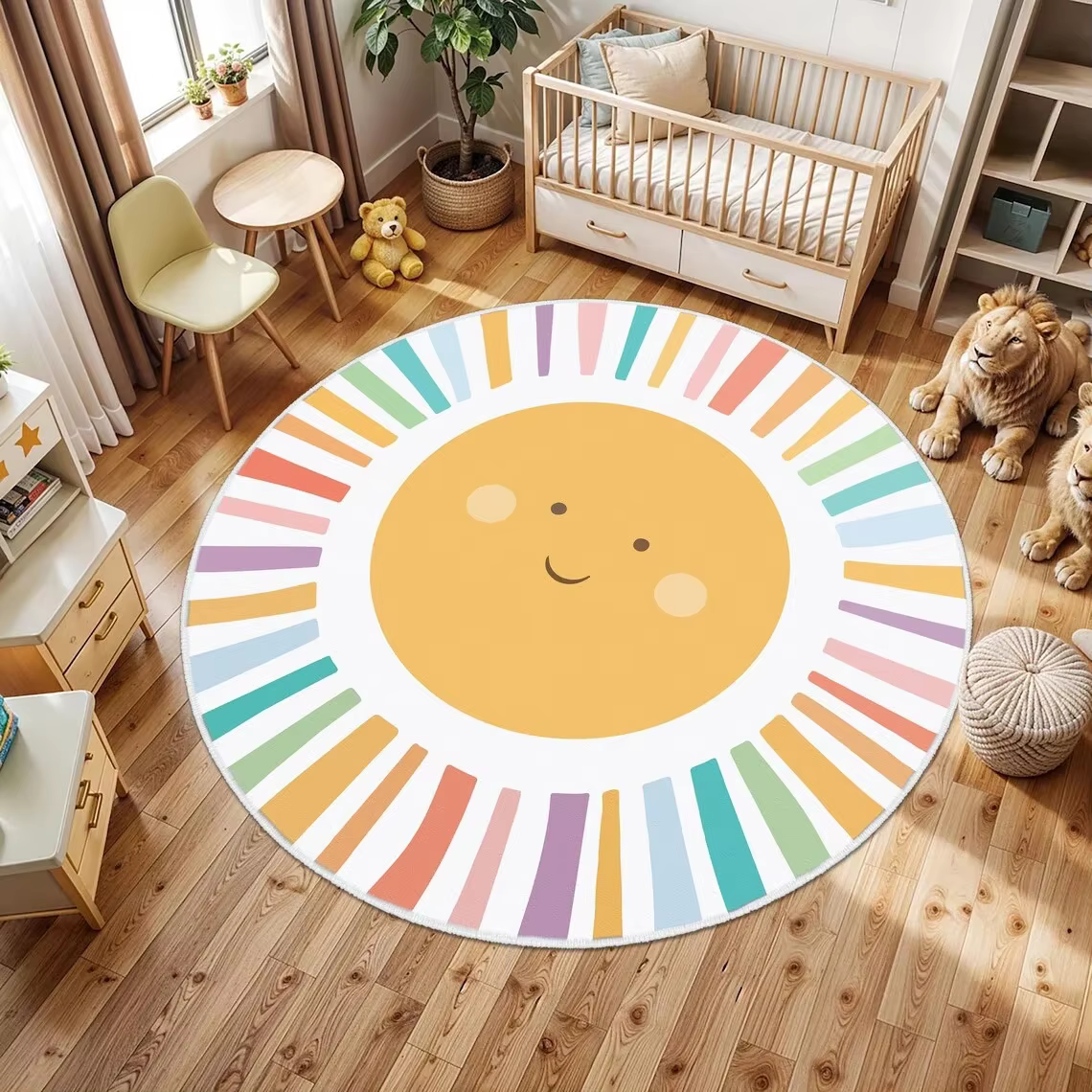 Tapis rond arc-en-ciel pastel avec visage souriant mignon
