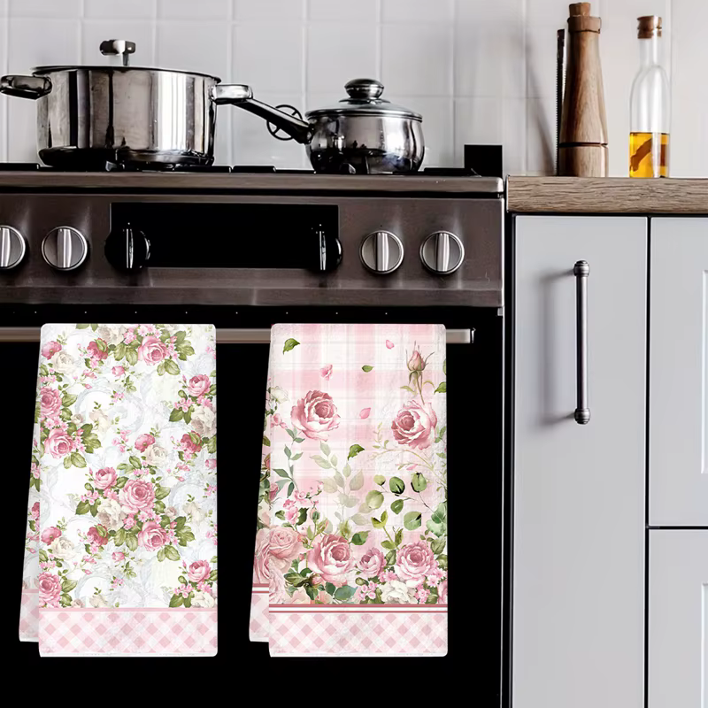 Lot de 2 torchons de cuisine roses à motifs floraux printaniers