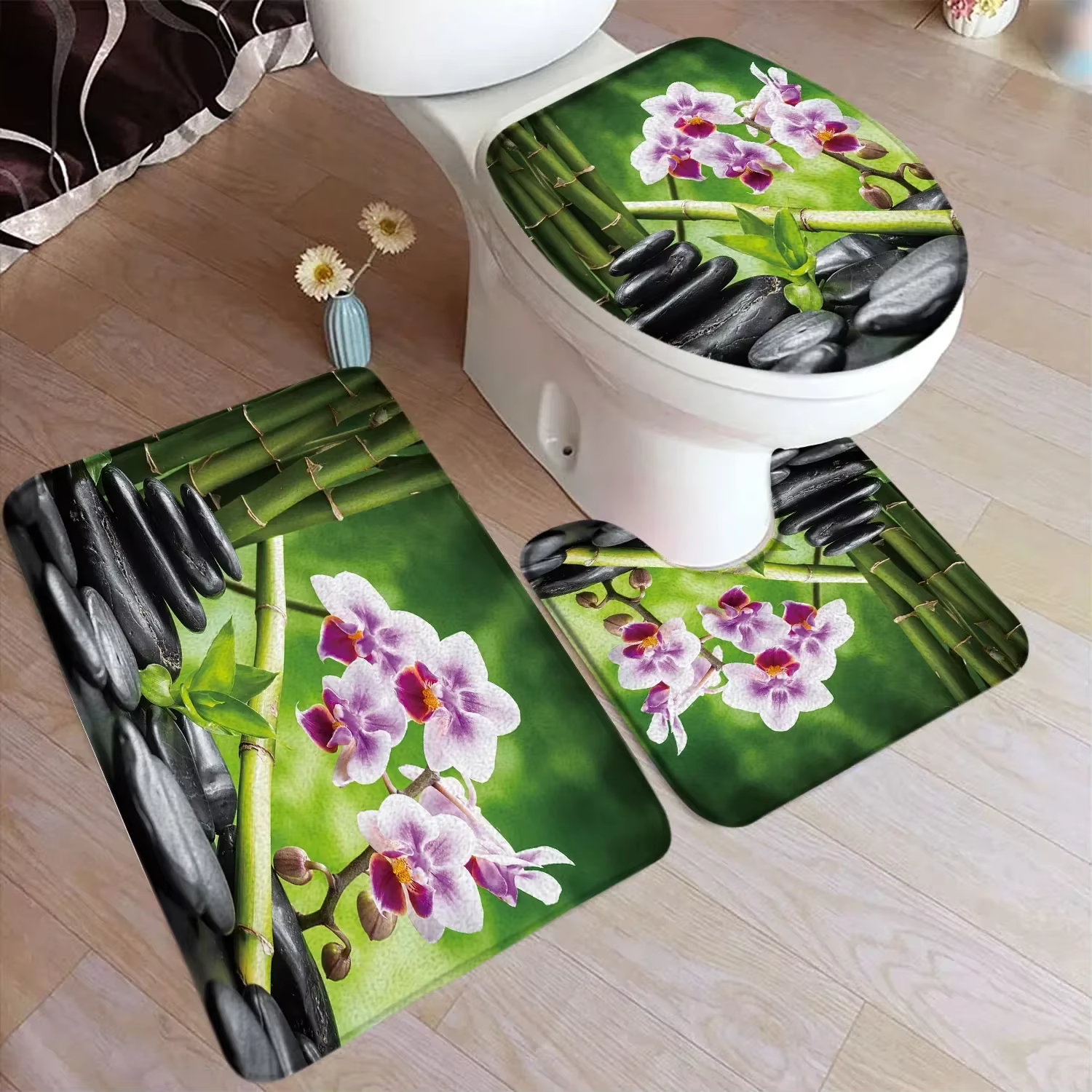 Ensemble de tapis de bain en bambou vert Zen