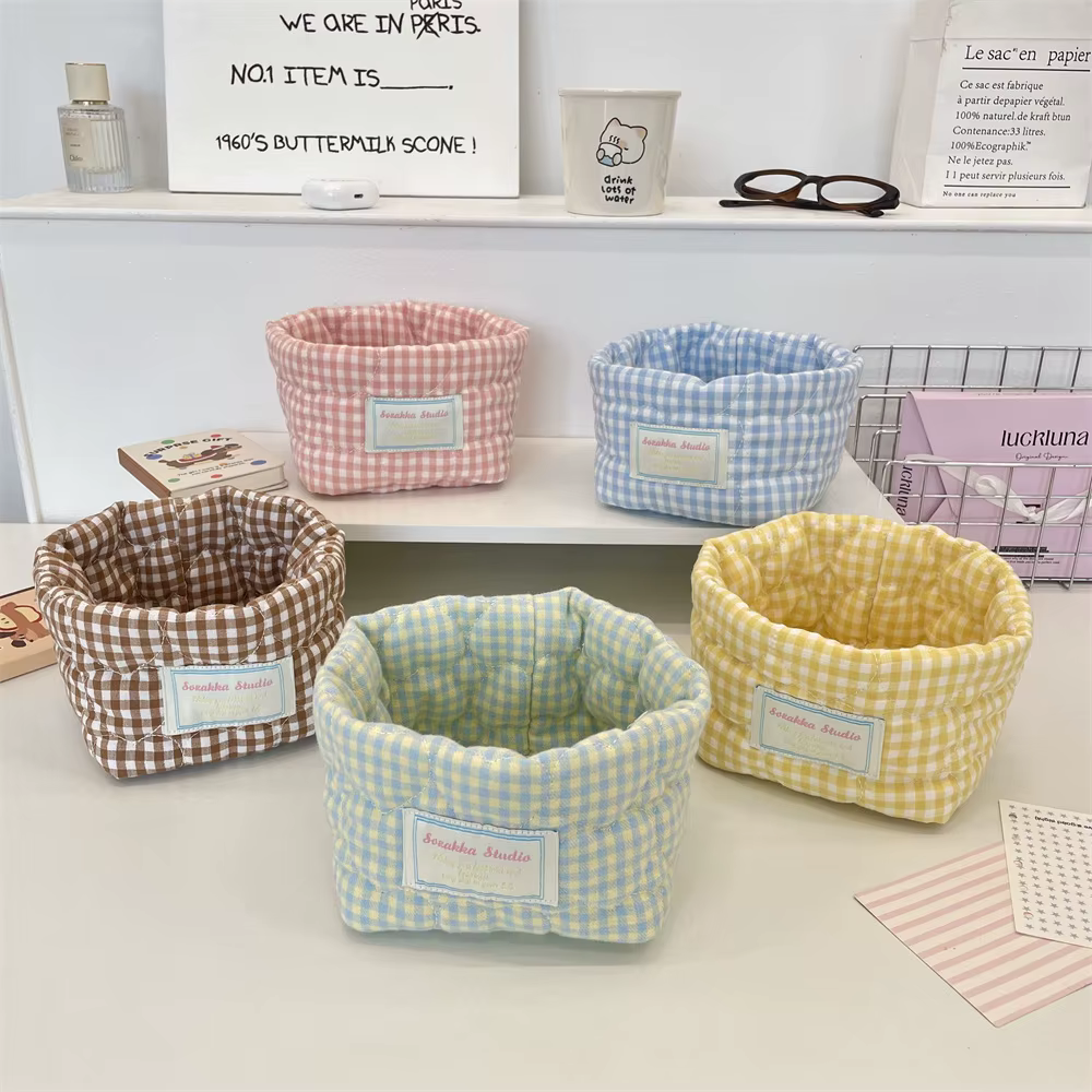 Panier de rangement en tissu à carreaux Ins Fresh