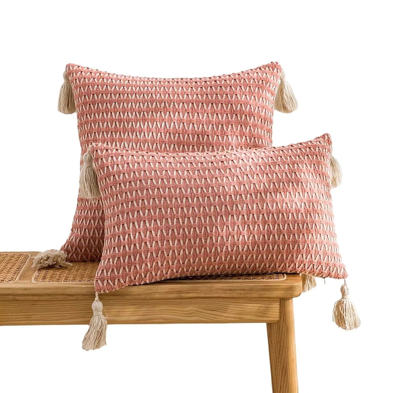 Housse de coussin tissée carrée moderne avec glands
