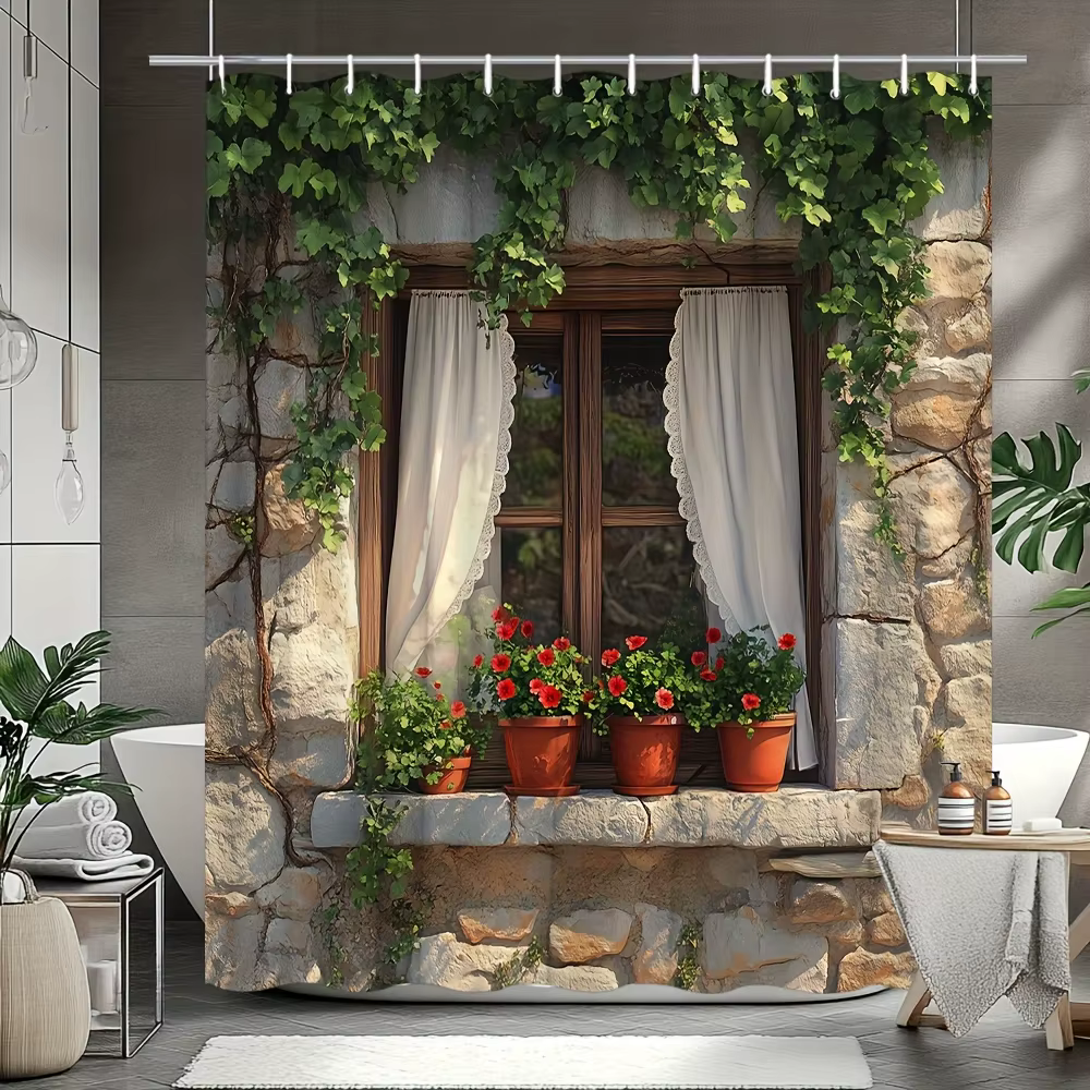Apportez la nature à l'intérieur avec ce rideau de douche étanche avec une scène de fenêtre rustique pour un appel esthétique