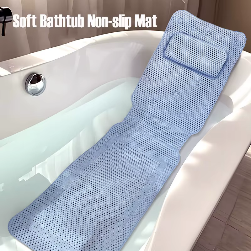 Nouveau tapis de baignoire antidérapant Extra Long avec ventouse PVC Massage creux avec coussin