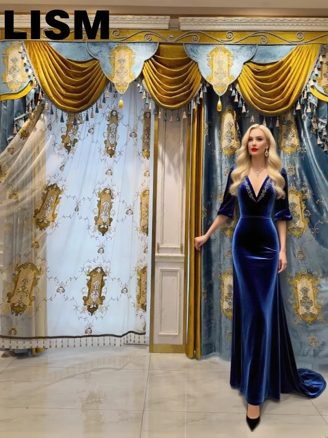 Rideaux européens de luxe pour salon chambre occultant brodé bleu velours fenêtre décor personnalisé élégant cantonnière dentelle Tulle