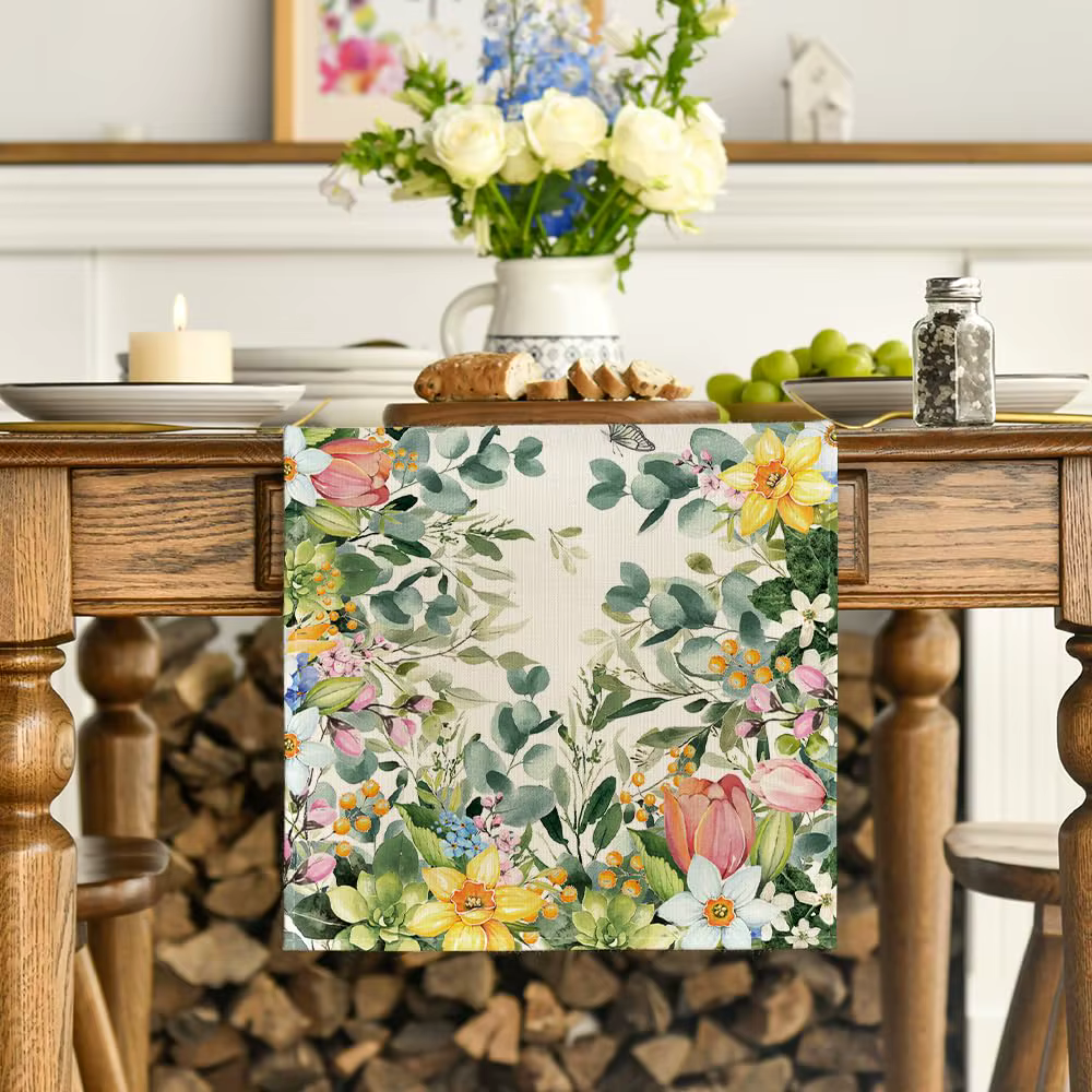 Chemin de table printanier à motif fleurs d'eucalyptus