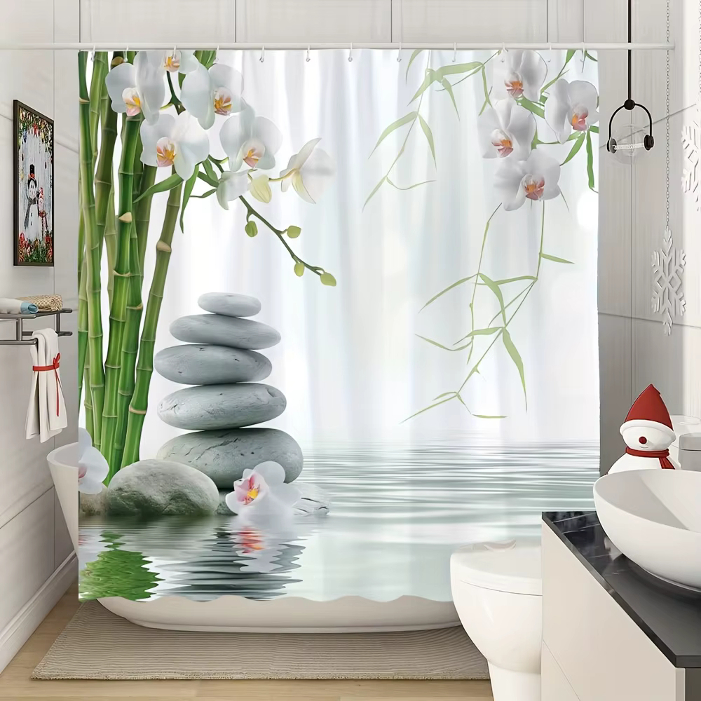 Rideau de douche imperméable avec un design inspiré par Zen avec des pierres empilées en bambou et des orchidées pour une salle de bain relaxante