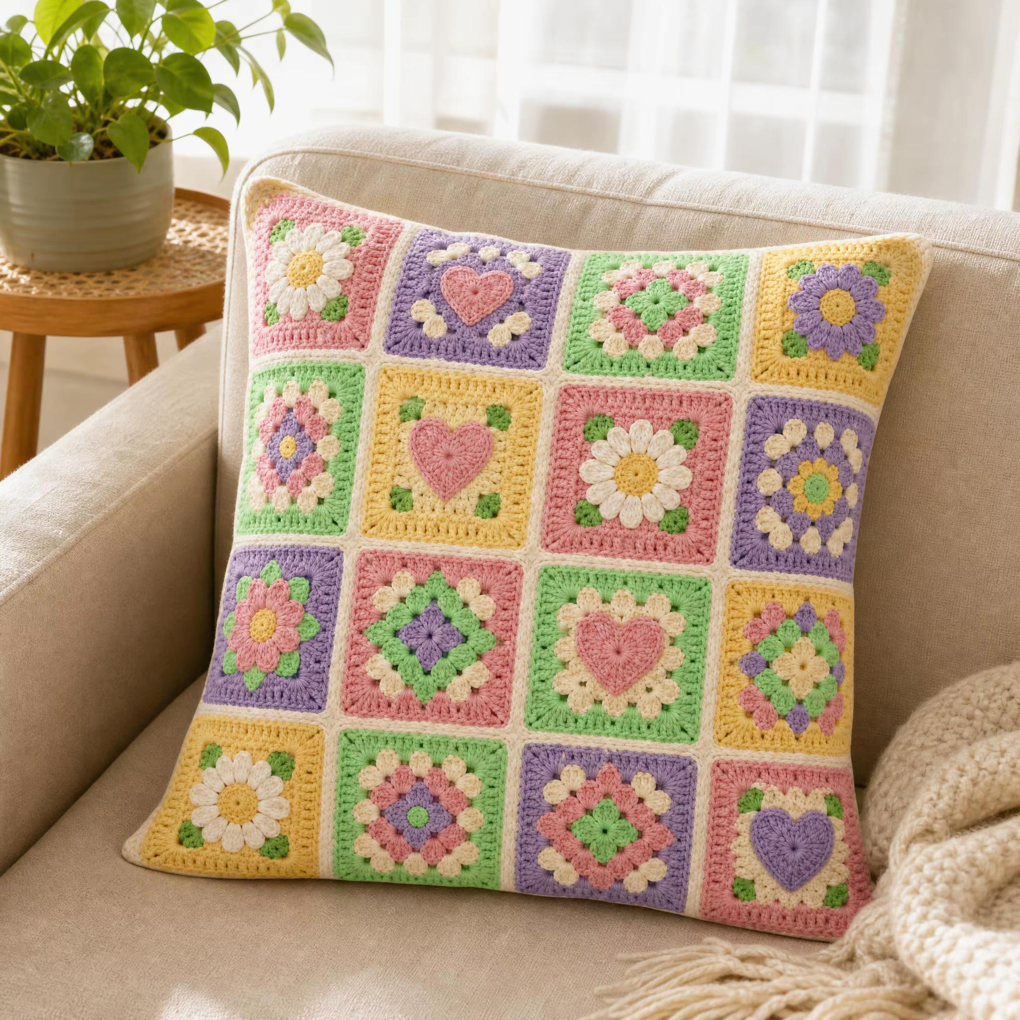 Housse de coussin au crochet motif carré Granny Square