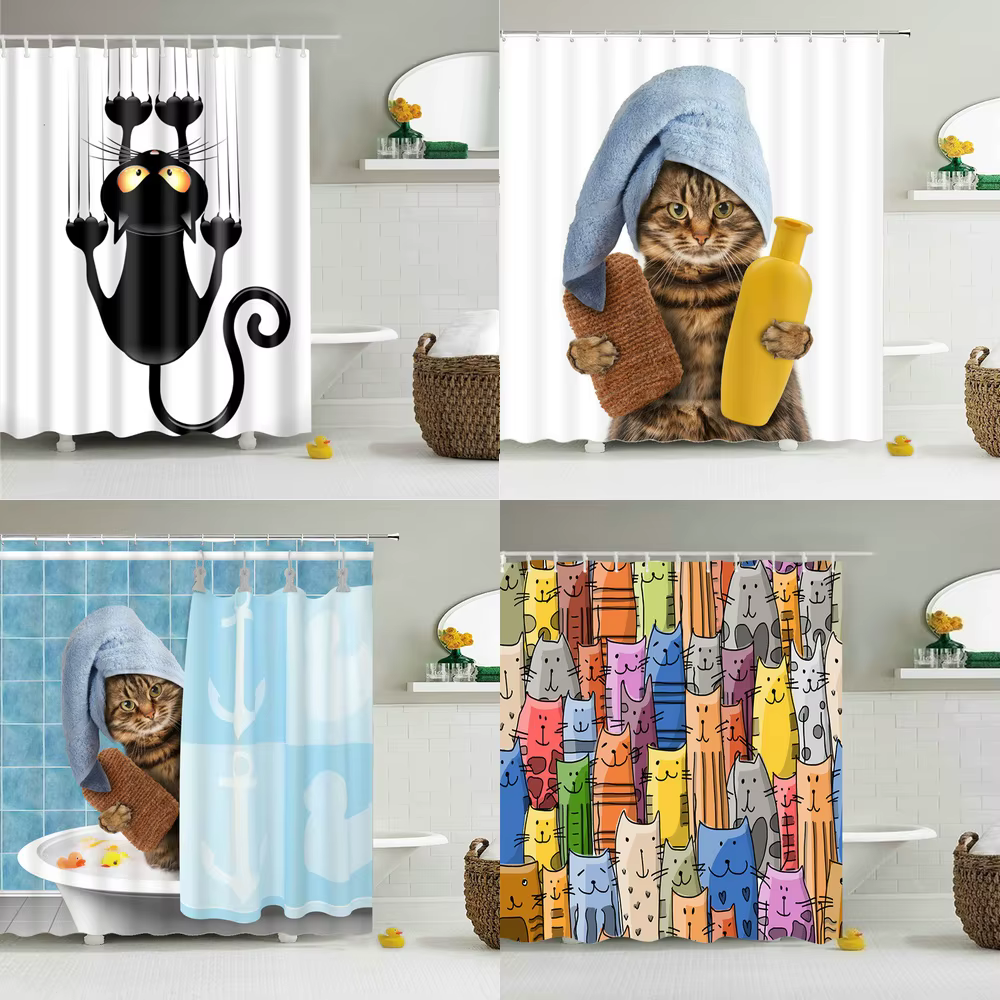 Rideaux de douche drôles rideau de salle de bain avec crochets décor imperméable chat chien 3d