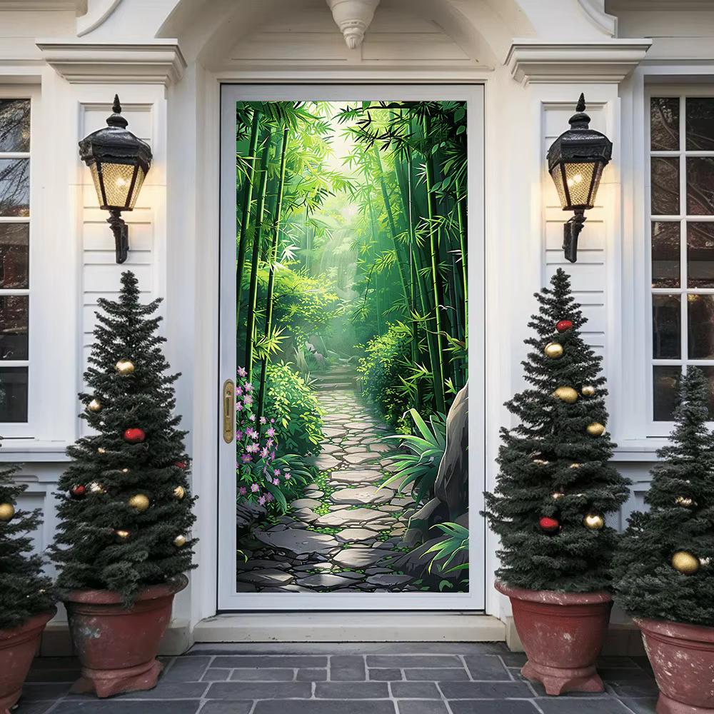 Rideau de porte de chemin forestier en bambou paisible - une décoration naturelle séène pour une utilisation intérieure et extérieure