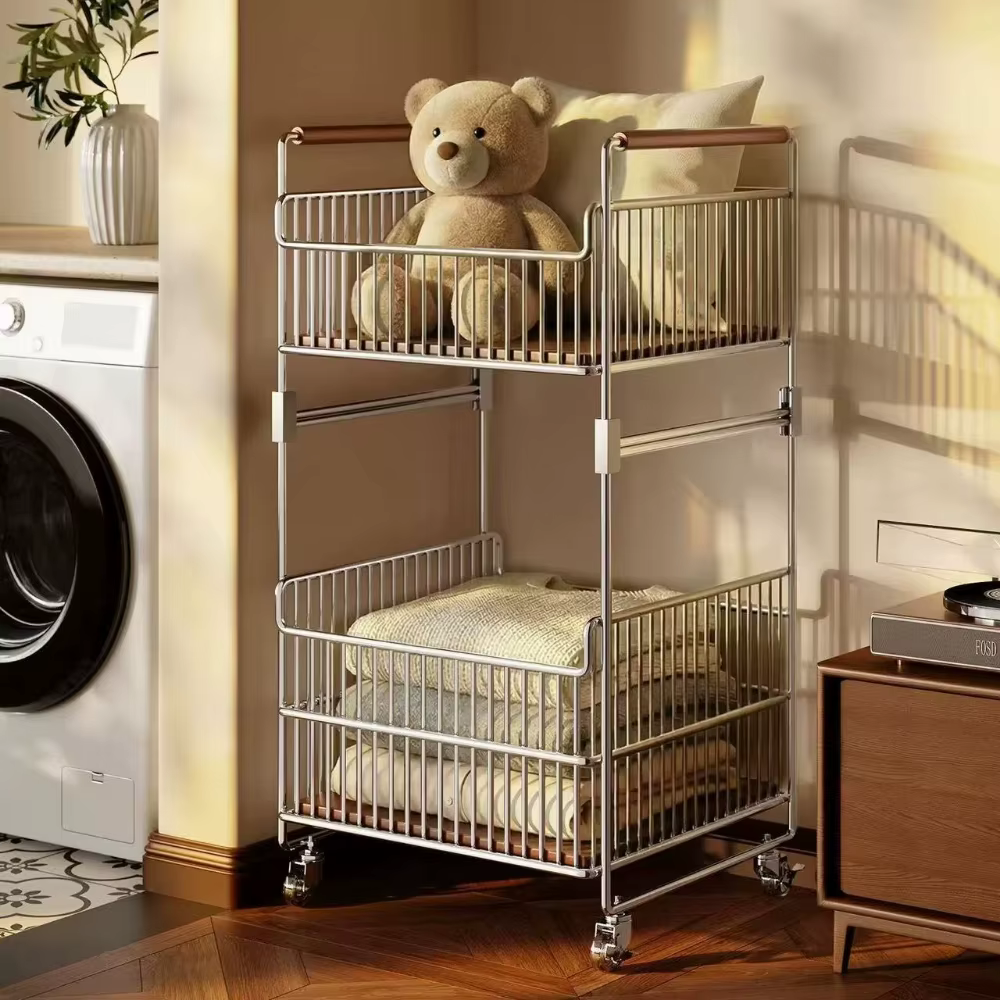 Panier à linge roulant avec rangement superposé