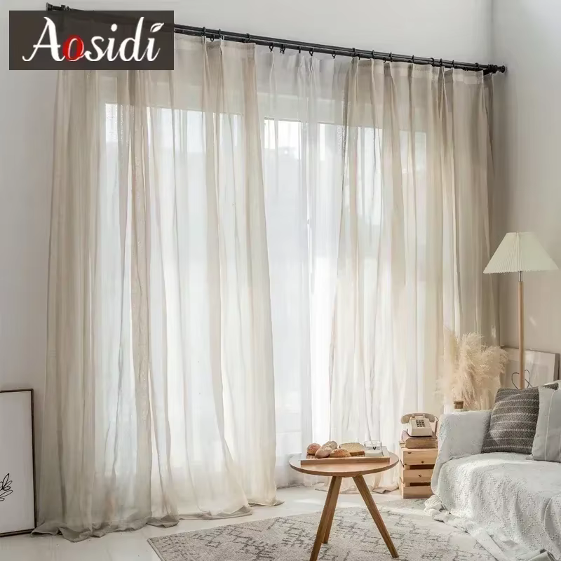Rideaux en tulle beige aspect lin pour salon
