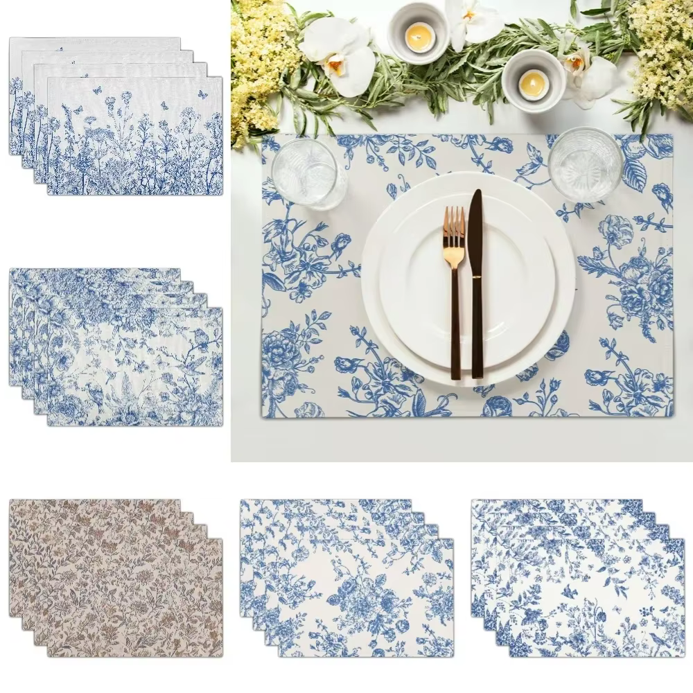 Napperons floraux bleus fleur bleu antidérapant résistant à la chaleur tapis de Table printemps été