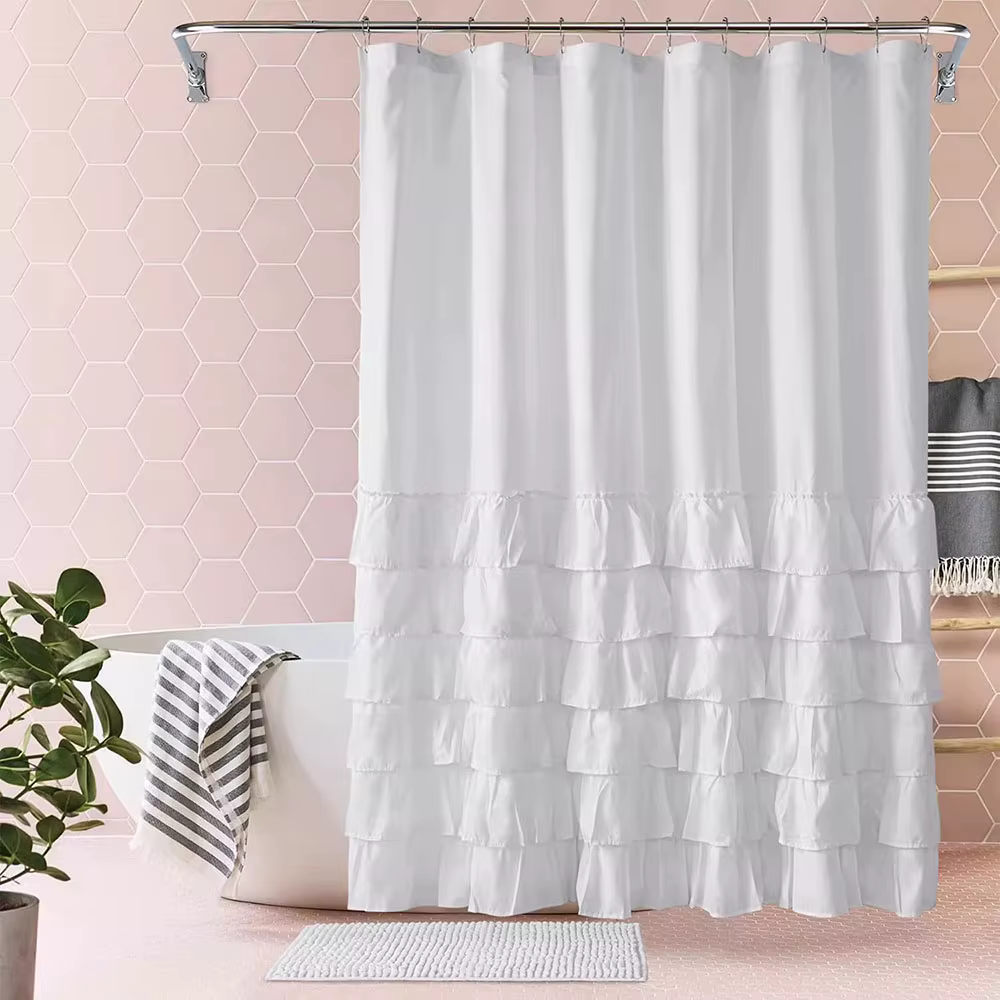 Rideau de Douche Moderne en Polyester Blanc à Volants