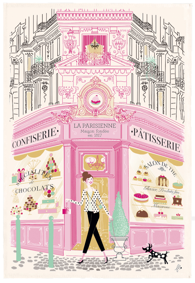 Torchon Imprim Faade patisserie Ecru 48 x 72