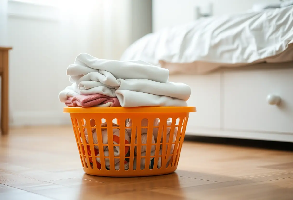 Panier en plastique sur le plancher d'une chambre, contenant des t-shirts et des chaussettes propres