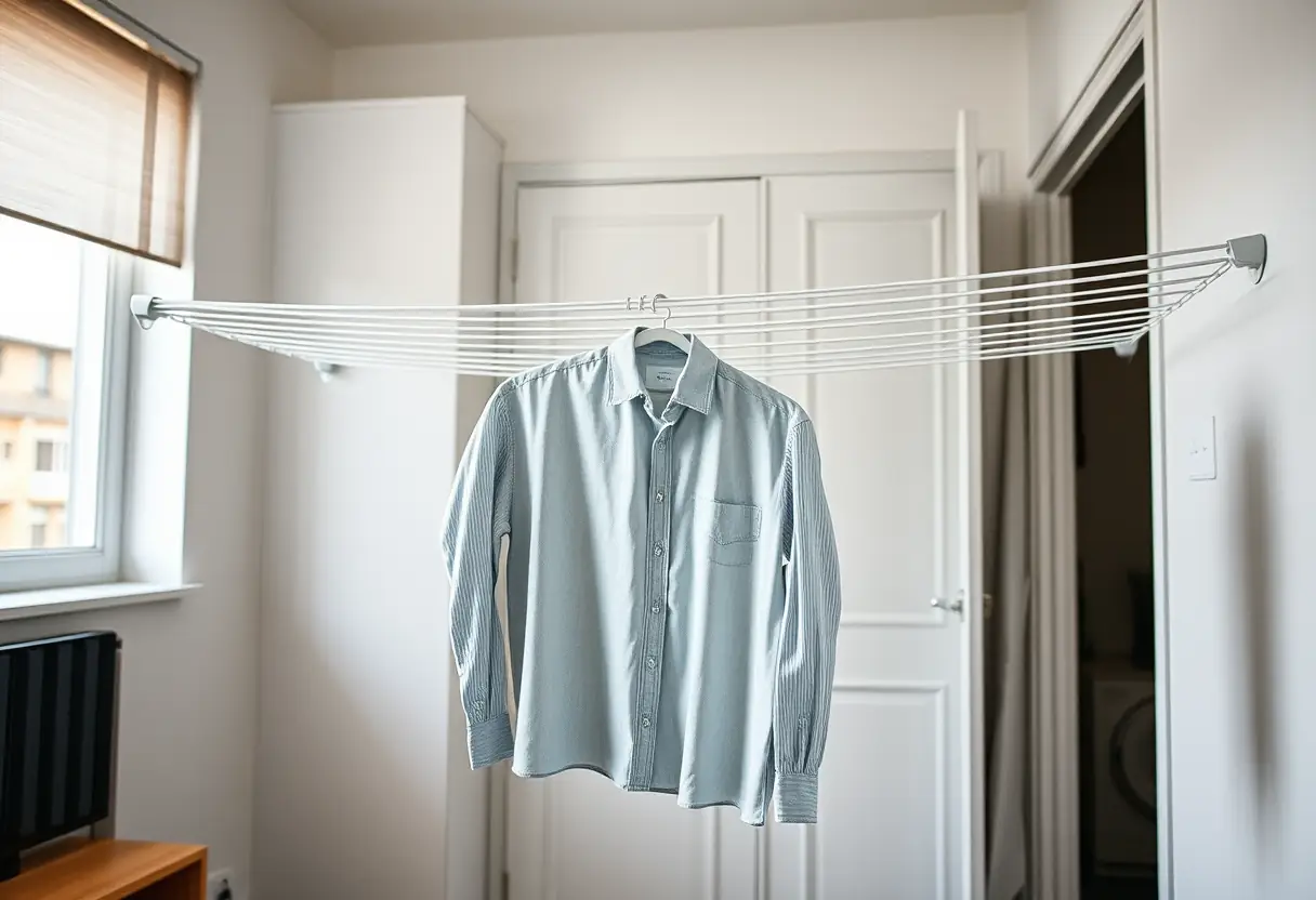 Un étendoir pliant dans un petit appartement avec un seul vêtement accroché