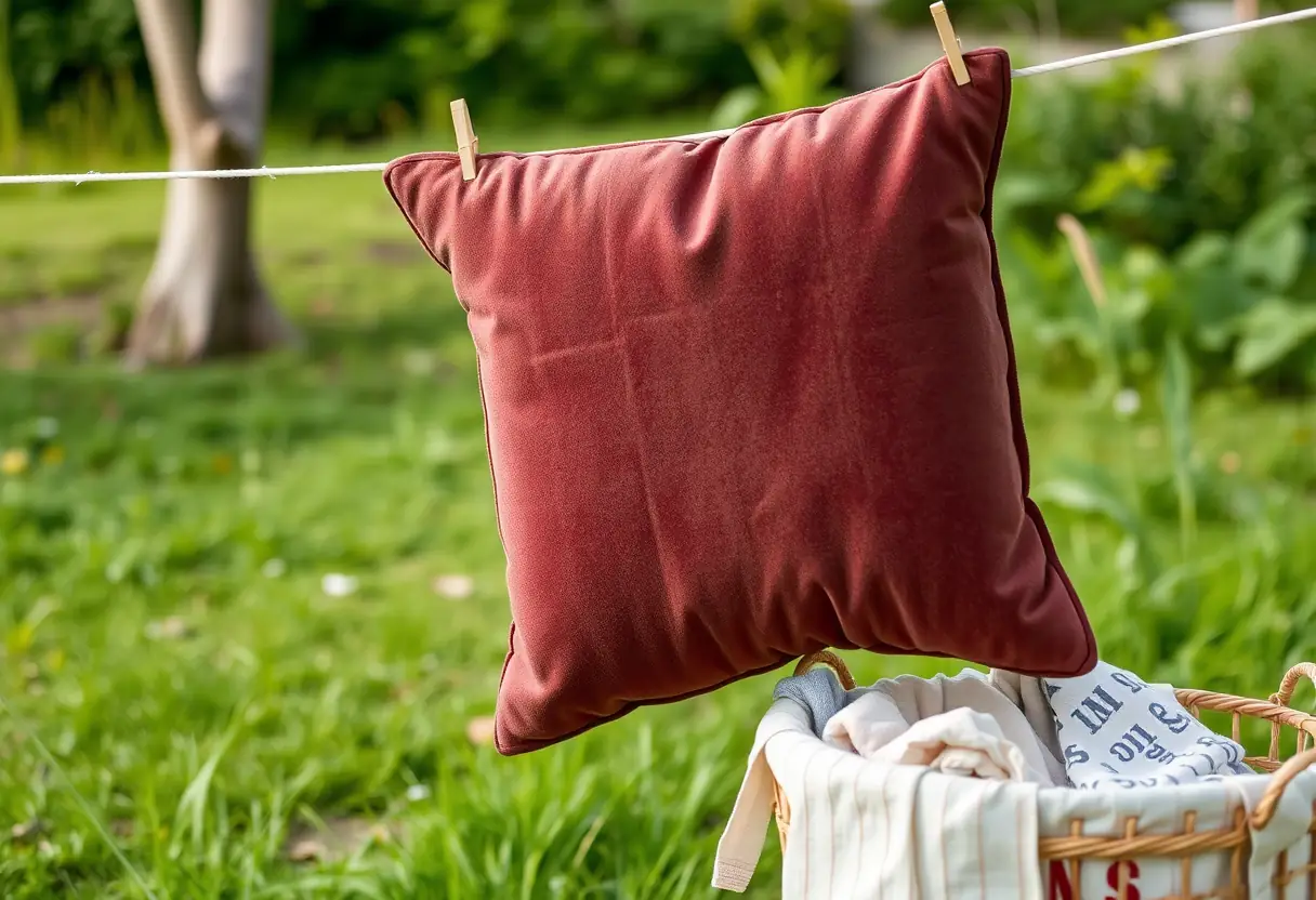Un coussin en microfibres suspendu à une corde à linge