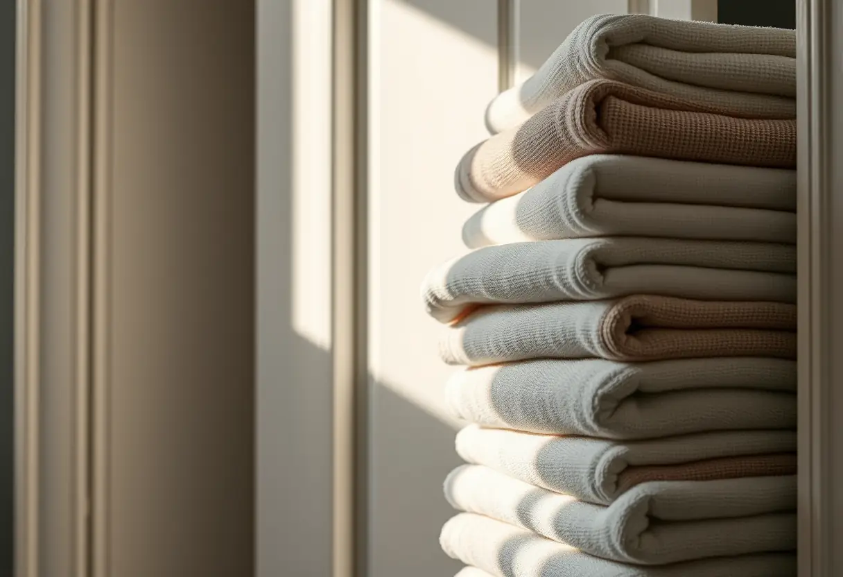 Serviettes pliées dans un meuble de salle de lavage