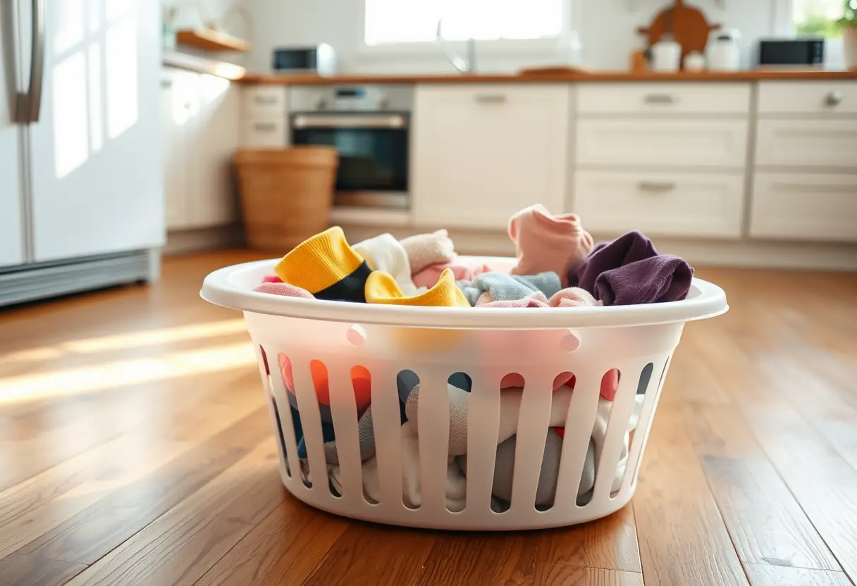 Un panier en plastique sur le plancher de cuisine moderne contenant des sous-vêtements multicolores